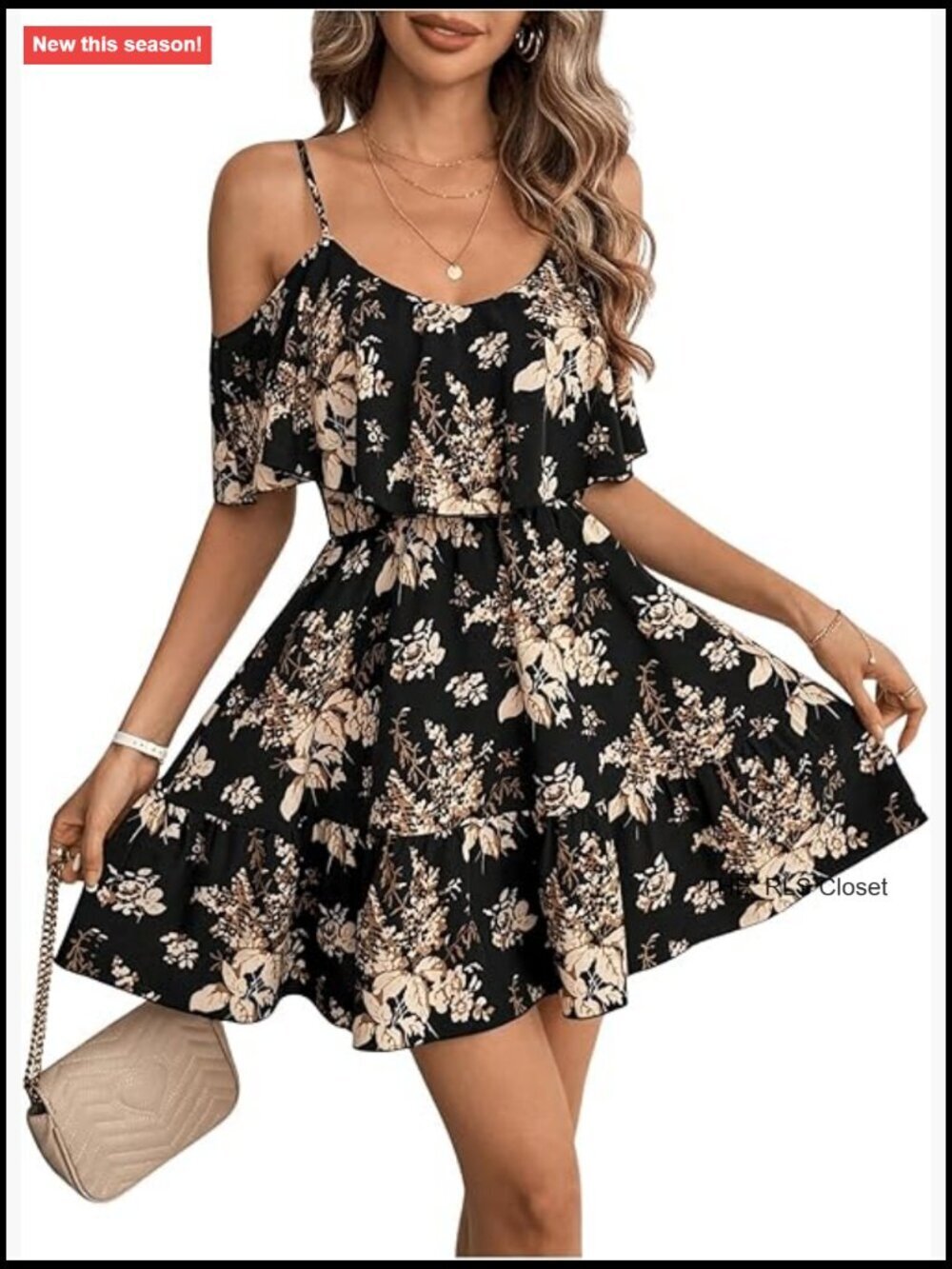 Soft Fabric Cold Shoulder Floral Print Ruffle Hem A Line Mini Dress